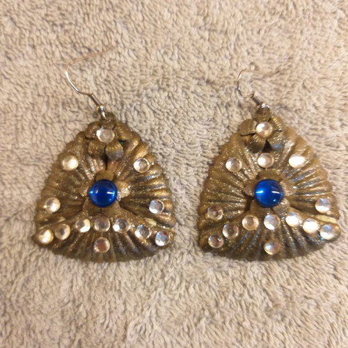 Triangle-shaped vintage brass dangling earrings used, 1970s style