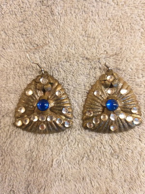 Triangle-shaped vintage brass dangling earrings used, 1970s style