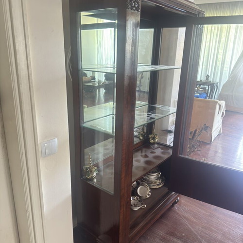 Vintage wooden display cabinet used with glass door and shelves