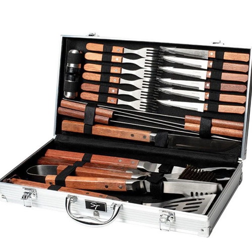 Luxury BBQ set 23 pieces new with wooden handles in carrying case