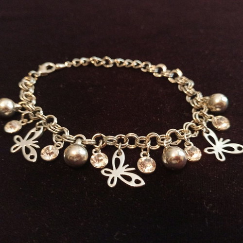 Silver shiny bracelet with butterflies and rhinestones like new