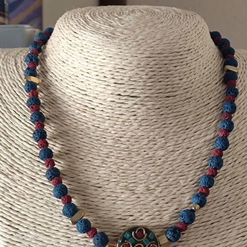 Lava bead necklace and bracelet set with hematite elements, handmade