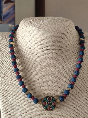 Lava bead necklace and bracelet set with hematite elements, handmade