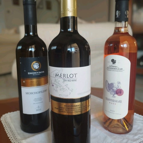 Set of 3 wines new (Rosé, White, Red) with Dionysos, Merlot, Hatzimichalis