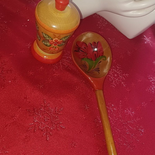 Handmade wooden decorative set with spoon and lidded container like new