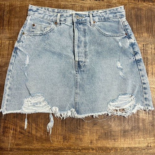 Stradivarius distressed light blue denim mini skirt, size 38