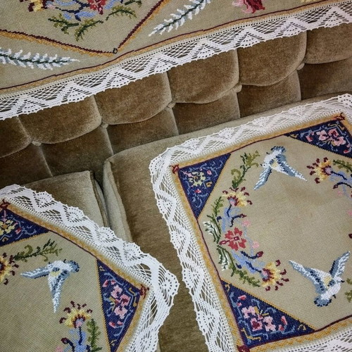 Handmade table runner and two doilies, new, hand-embroidered