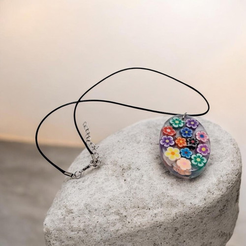Necklace with liquid glass and leather cord with steel clasp new