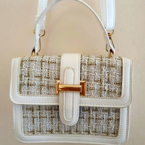 Crossbody bag like new with white tweed and gold accents