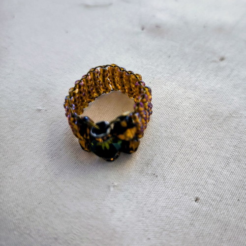 Handmade ring with green bead and gold bangle, size 17.3mm, new