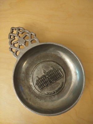 Vintage pewter porringer used with Wren building design