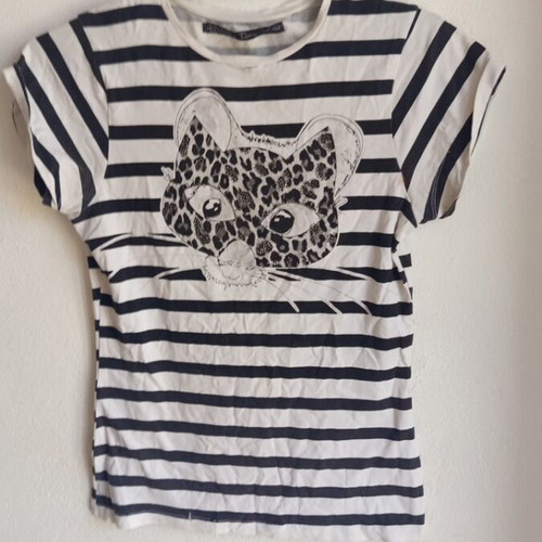 Zara Basic striped T-shirt with leopard cat print, used, size M