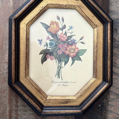 Vintage floral print in octagonal black and gold frame