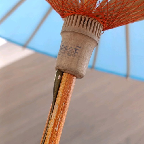 Chinese handmade umbrella used, bamboo wood and fabric (80s)