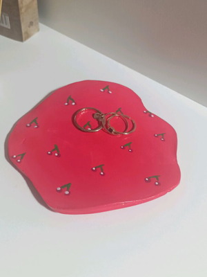Handmade clay jewelry tray with cherries