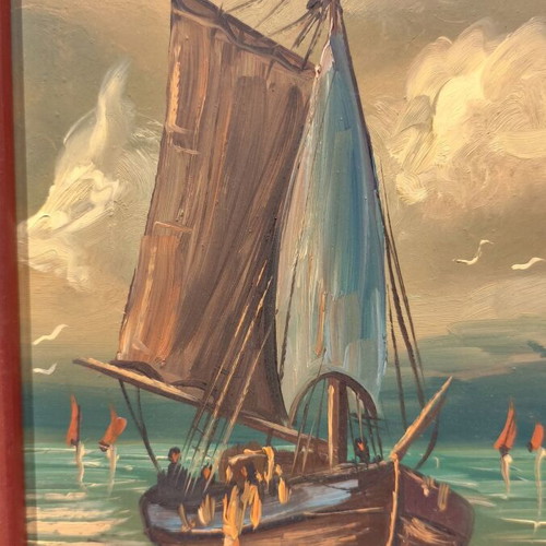 Seascape with Sailing Kaiki Used Oil Painting