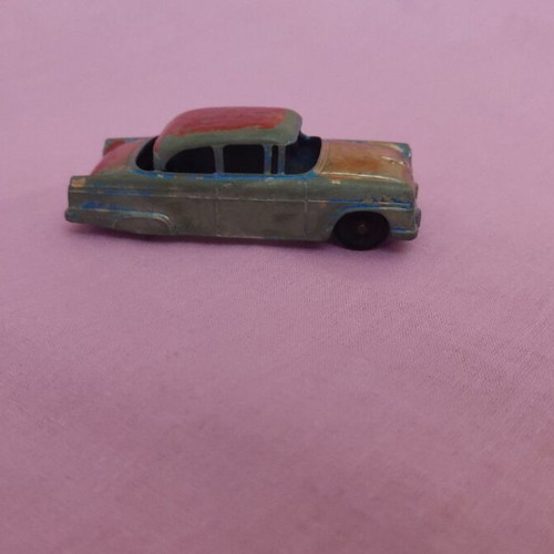 Tootsie Toy Blue Ford 1950s used, missing one wheel, aged wear