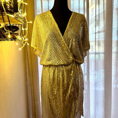 L.A. Dolls gold evening dress new, medium size with elastic waist