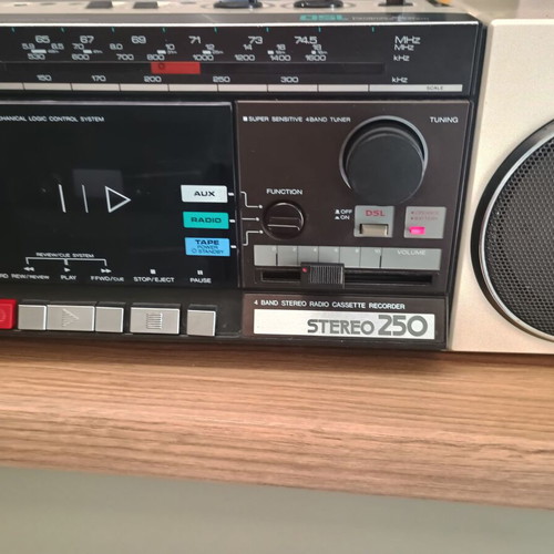 Aiwa CS-250V radio cassette player used with aux input and 4-band radio