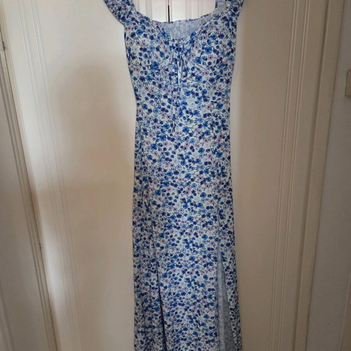 Long floral dress with slit new, blue turquoise, one size