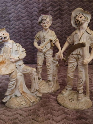 Set of vintage handmade decorative figures woodcutter, reaper, basket maker used