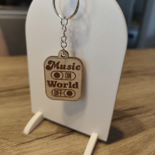 Wooden keychain Music ON / World OFF with personalized engraving