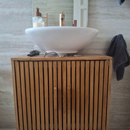 Handmade bathroom vanity cabinet with two doors and shelf