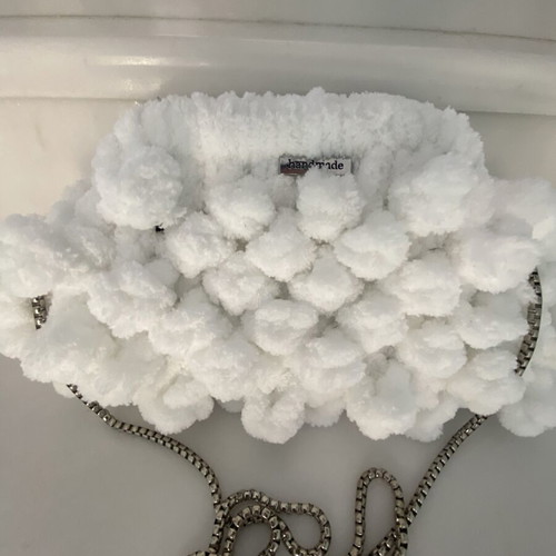 Handmade Puffy Popcorn Shoulder Bag with Detachable Chain, Like New, White