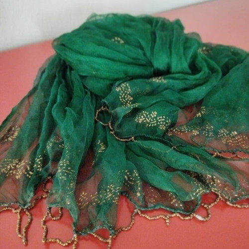 Indian green scarf like new, lightweight chiffon with gold details