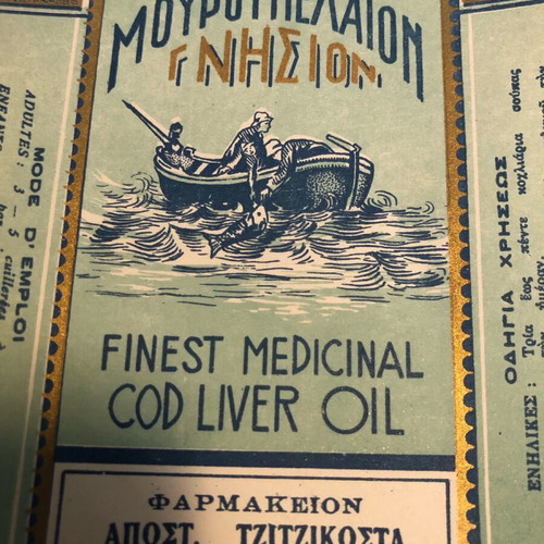 Pharmacy labels of Ap. Tzitzikosta like new, cod liver oil and cologne packaging