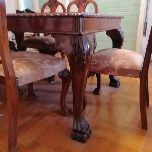 Dining table with 6 chairs used, classic lion paw, solid walnut