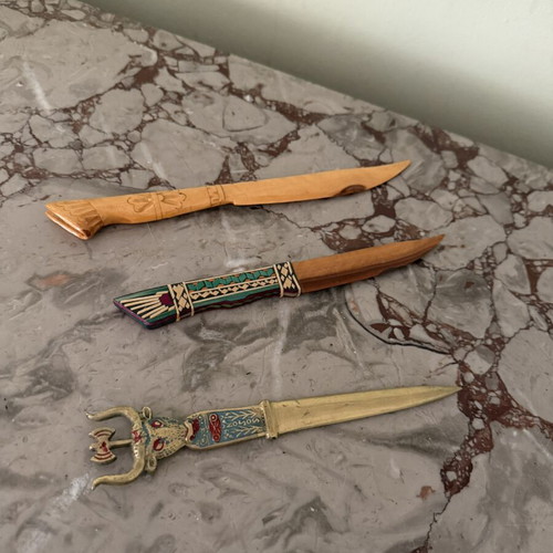 Vintage papercutter collection used, brass Knossos and handmade wooden