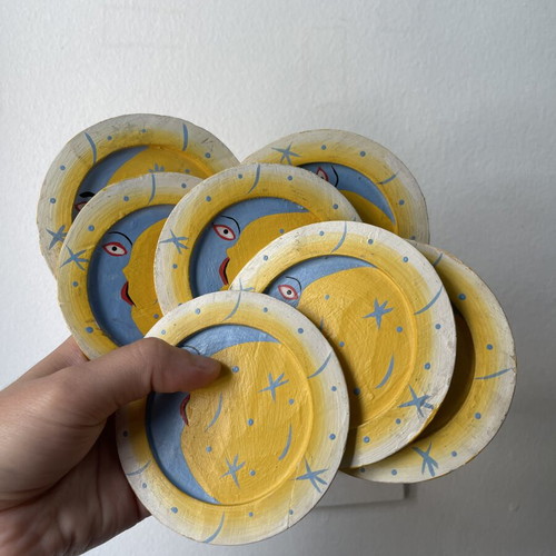 Vintage set of 7 wooden coasters Sun & Moon celestial boho decor