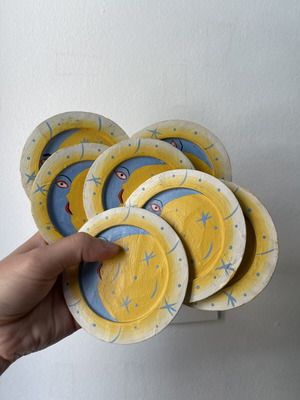 Vintage set of 7 wooden coasters Sun & Moon celestial boho decor