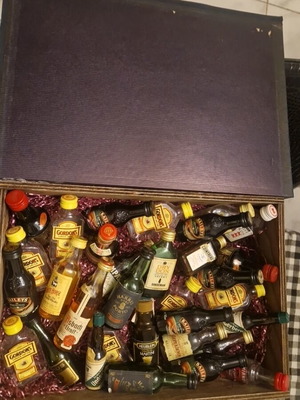 Wooden case with 30 miniatures of gin, whisky, liqueur new