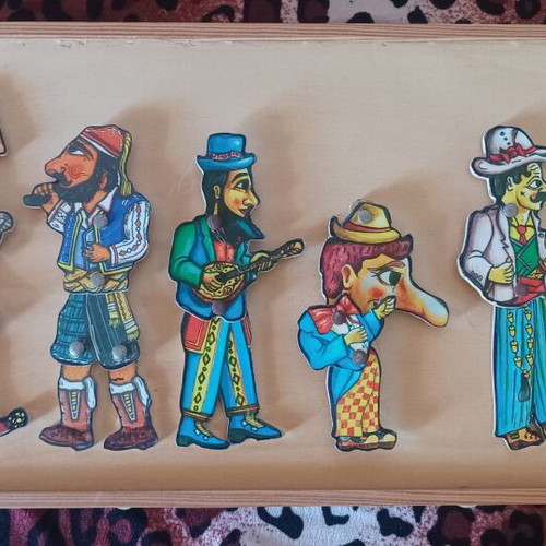 Karagiozis Shadow Puppet Figures Set like new on Wooden Frame