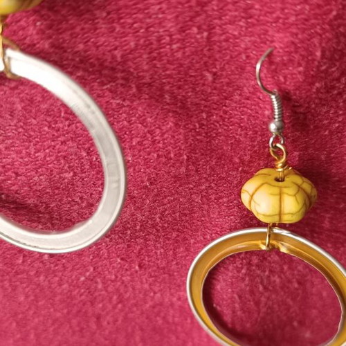 Handmade hoop earrings with coffee capsules and yellow stone, new