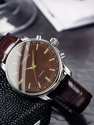 Quartz ρολόι Unisex Geneva με δερμάτινο καφέ λουράκι νέο