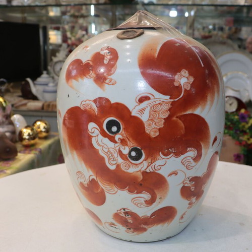 Chinese vase with lid and lion motif vintage 30 cm with certificate