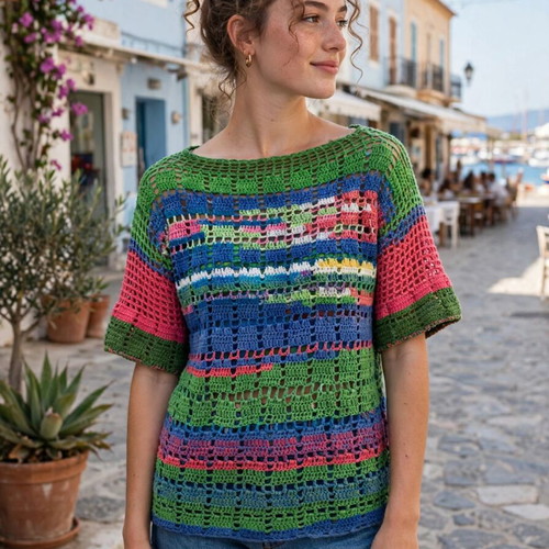 Handmade multicolor crochet cotton blouse one size