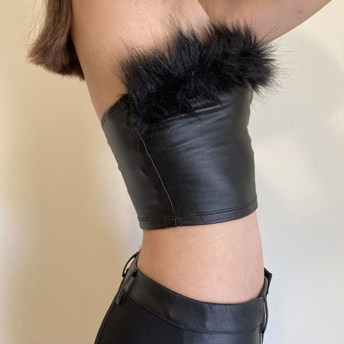 Black leather strapless top with faux fur new, size S
