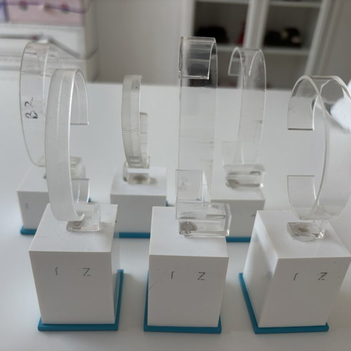 Watch display stands used, pack of 6 with white and blue bases