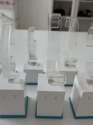 Watch display stands used, pack of 6 with white and blue bases