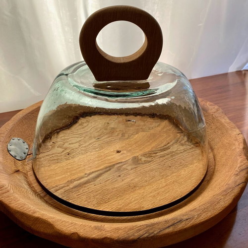 Wooden handmade serving platter with glass cover like new