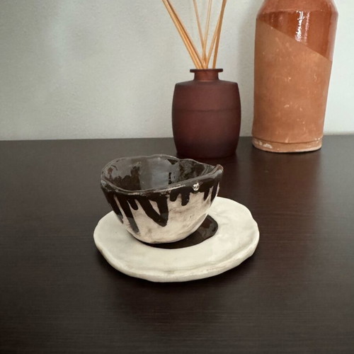 Handmade ceramic espresso cup with plate, new, cream and brown