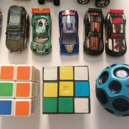 Collection of games! Toy cars, tops, Rubik's cubes, Moonball, etc.
