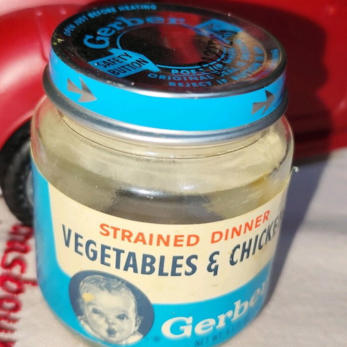 Gerber baby food jar used, vegetables and chicken from 1960s