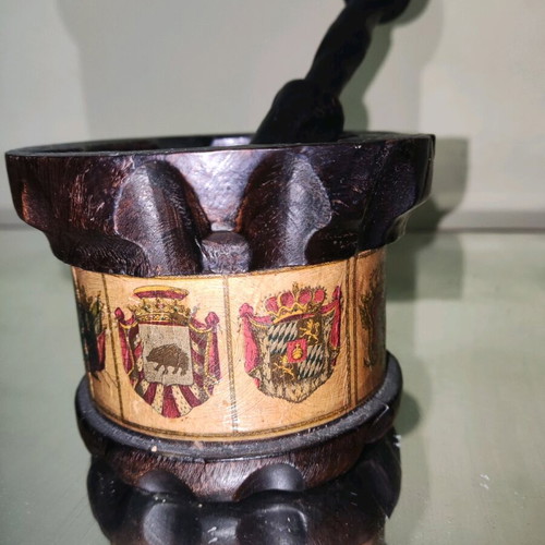 Wooden mortar used with pestle and 9 flags collectible