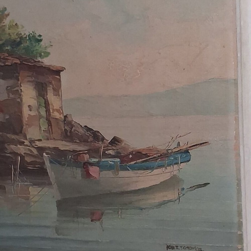 Kostopoulos Old Greek Seascape Oil Painting on Canvas with Embossed Frame