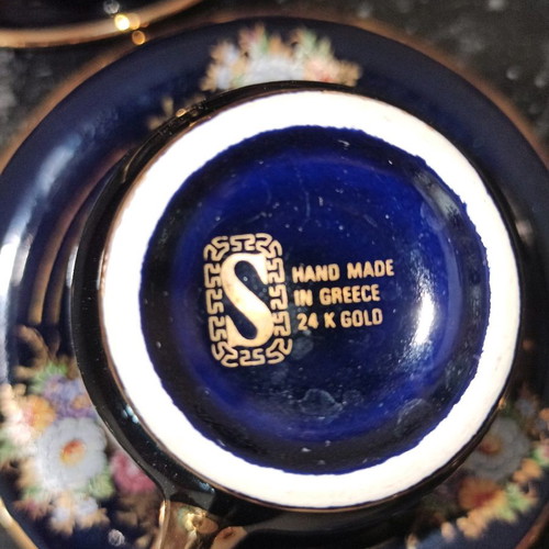 Porcelain coffee/tea set 24K gold like new, blue, 7 pieces